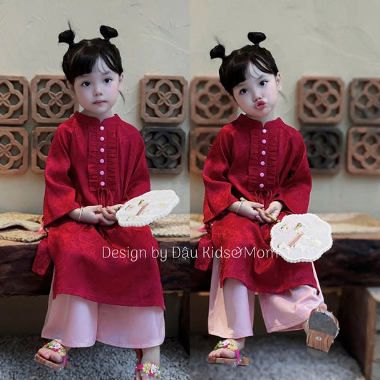 Áo dài Cát Tường cho mẹ và bé kèm quần hồng