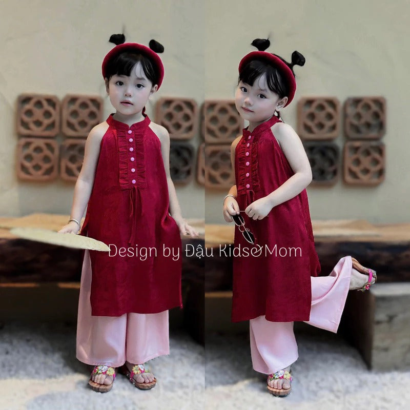 Áo dài Cát Tường cho mẹ và bé kèm quần hồng