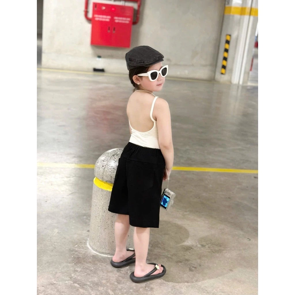 Set áo 2 dây khoét lưng kèm quần kaki ngố ống xuông cho bé gái