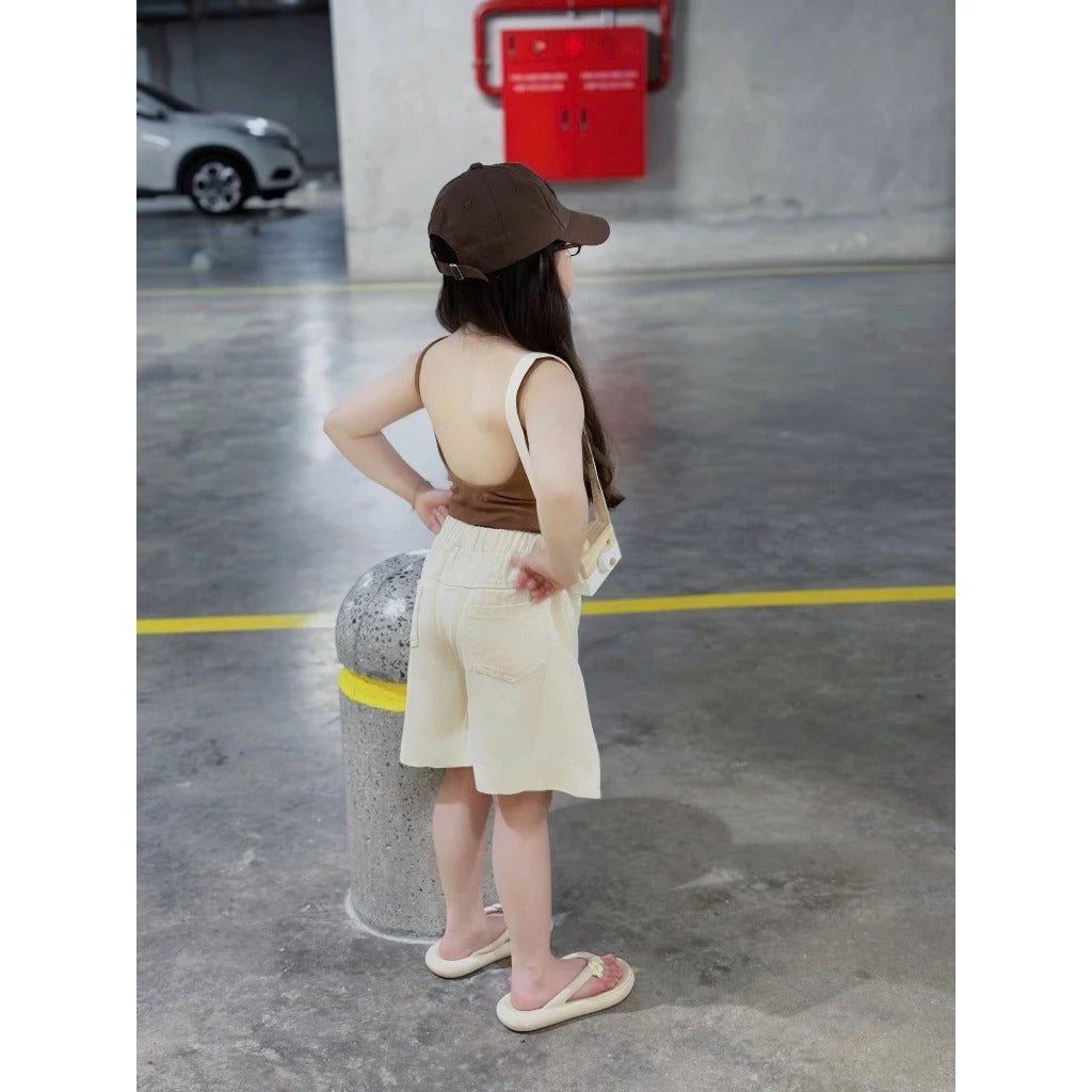 Set áo 2 dây khoét lưng kèm quần kaki ngố ống xuông cho bé gái