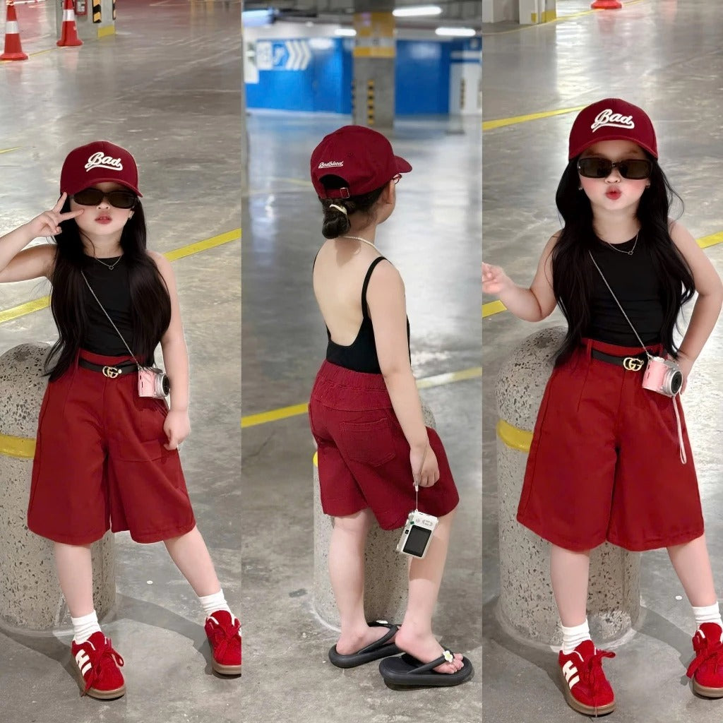 Set áo 2 dây khoét lưng kèm quần kaki ngố ống xuông cho bé gái