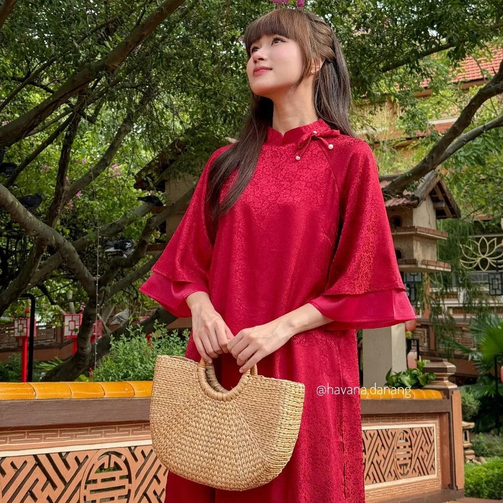 Áo dài gấm vân hoa KHỞI CẦM tay loe 2 lớp phối dây đính cúc ngọc