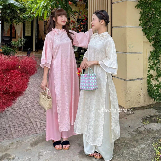 Áo dài gấm vân hoa KHỞI CẦM tay loe 2 lớp phối dây đính cúc ngọc