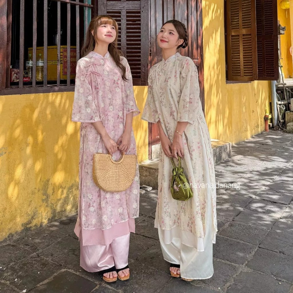 Áo dài voan tơ BẠCH VŨ in hoa phối thắt nơ đôi kèm quần satin bóng vintage