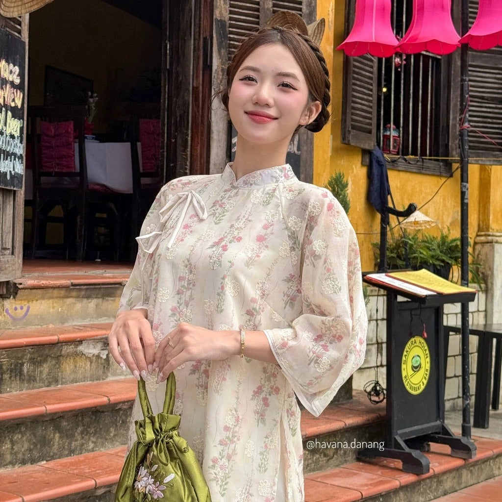 Áo dài voan tơ BẠCH VŨ in hoa phối thắt nơ đôi kèm quần satin bóng vintage