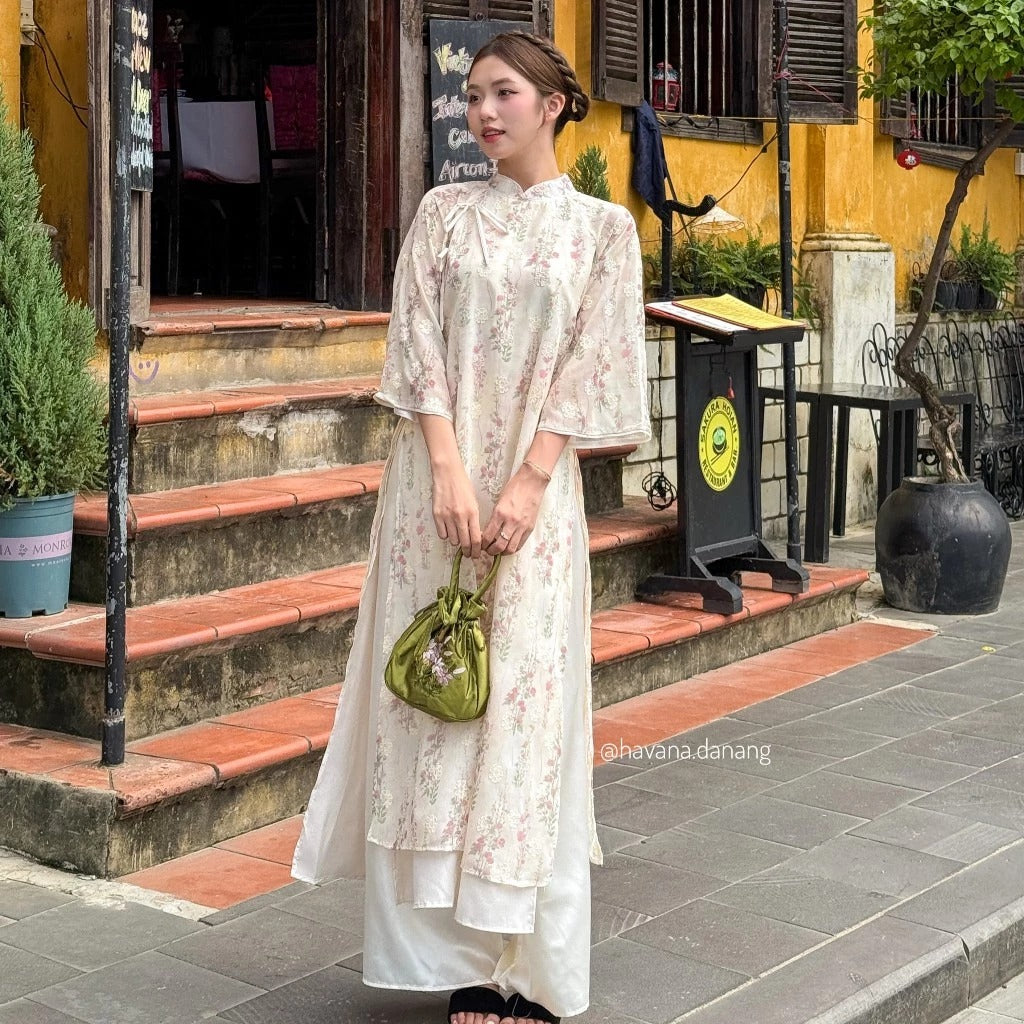 Áo dài voan tơ BẠCH VŨ in hoa phối thắt nơ đôi kèm quần satin bóng vintage