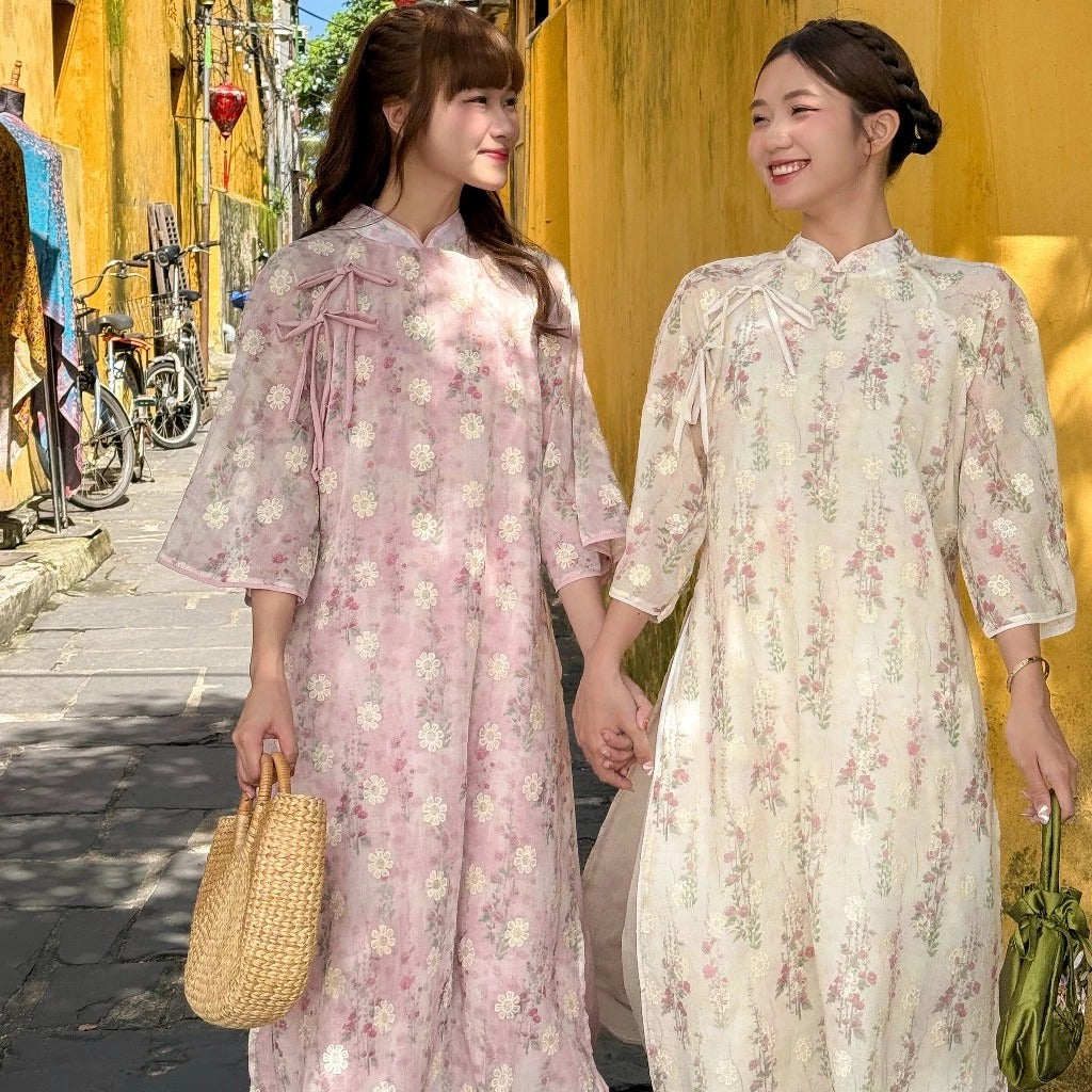 Áo dài voan tơ BẠCH VŨ in hoa phối thắt nơ đôi kèm quần satin bóng vintage
