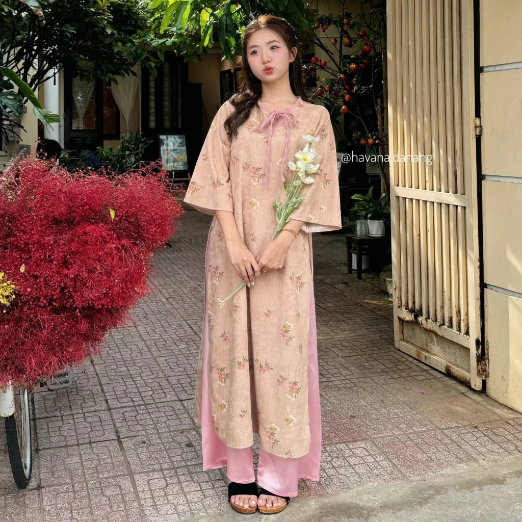 Áo dài cách tân TỬ KỲ nhung kèm quần dài phi bóng