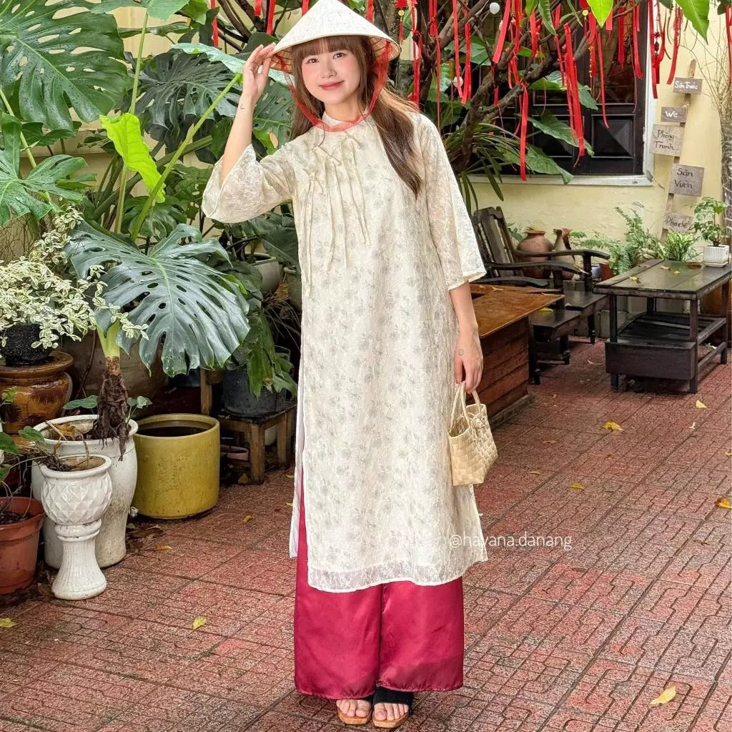 Áo dài voan tơ TƯỜNG VÂN in hoạ tiết hoa nhỏ pastel kèm quần satin