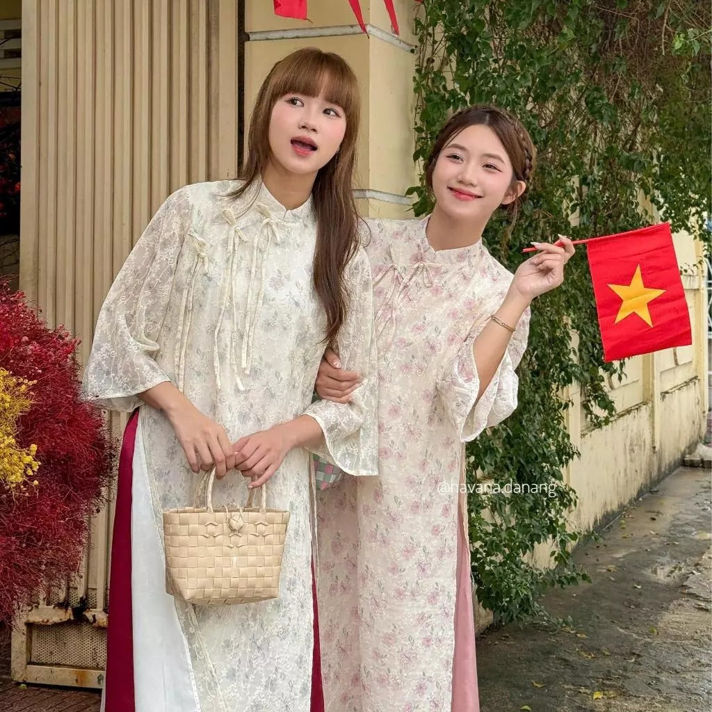 Áo dài voan tơ TƯỜNG VÂN in hoạ tiết hoa nhỏ pastel kèm quần satin