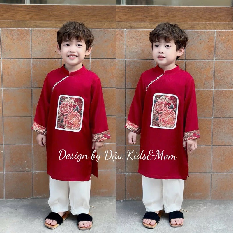 Set cặp bé trai, bé gái Mẫu Đơn chất liệu lụa đũi