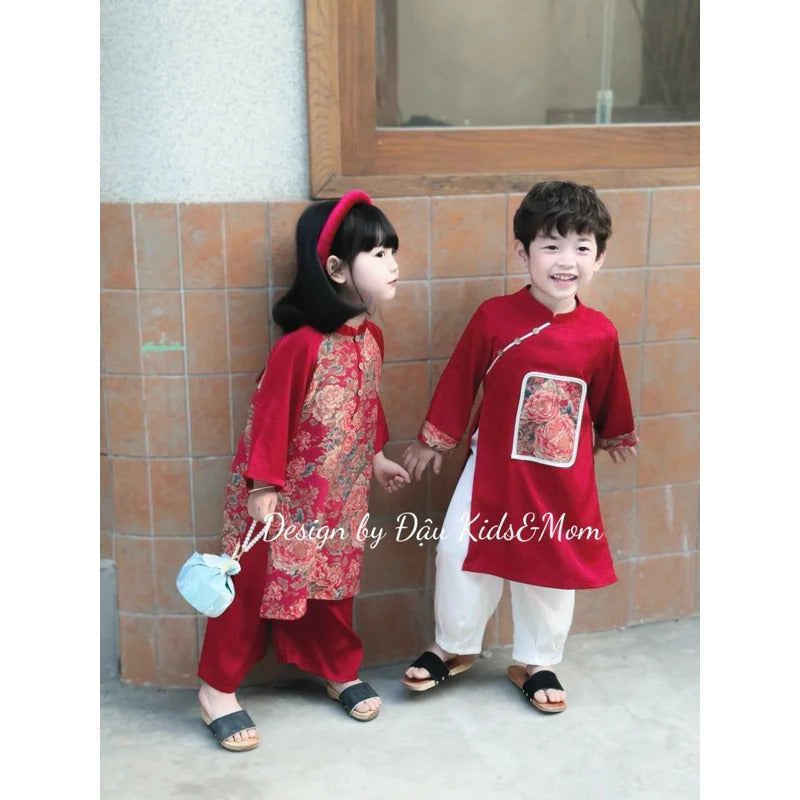 Set cặp bé trai, bé gái Mẫu Đơn chất liệu lụa đũi