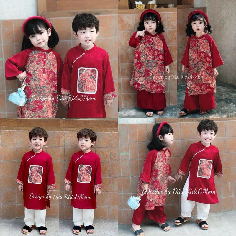 Set cặp bé trai, bé gái Mẫu Đơn chất liệu lụa đũi