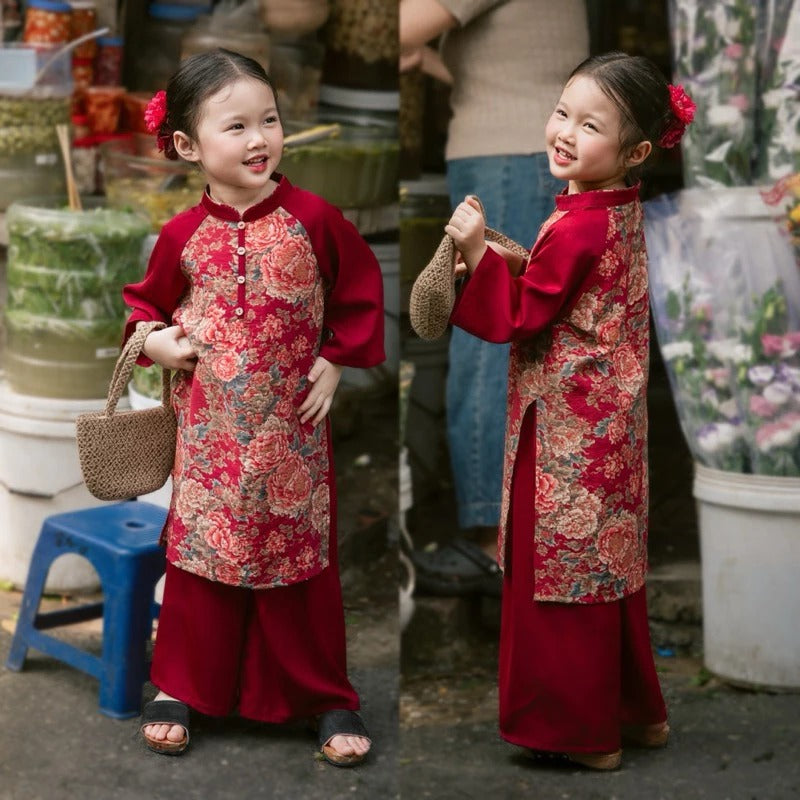 Set cặp bé trai, bé gái Mẫu Đơn chất liệu lụa đũi