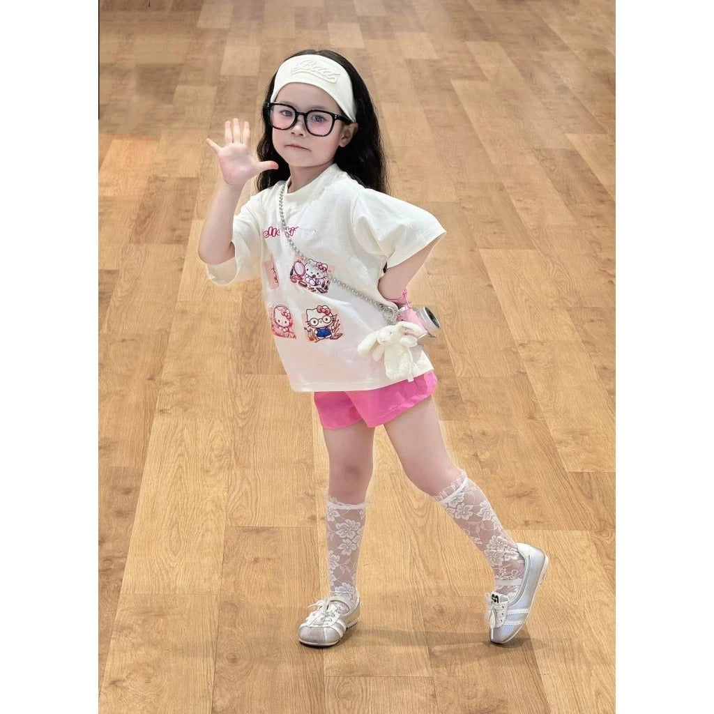 Bộ áo phông mèo và quần đùi hồng cho bé gái
