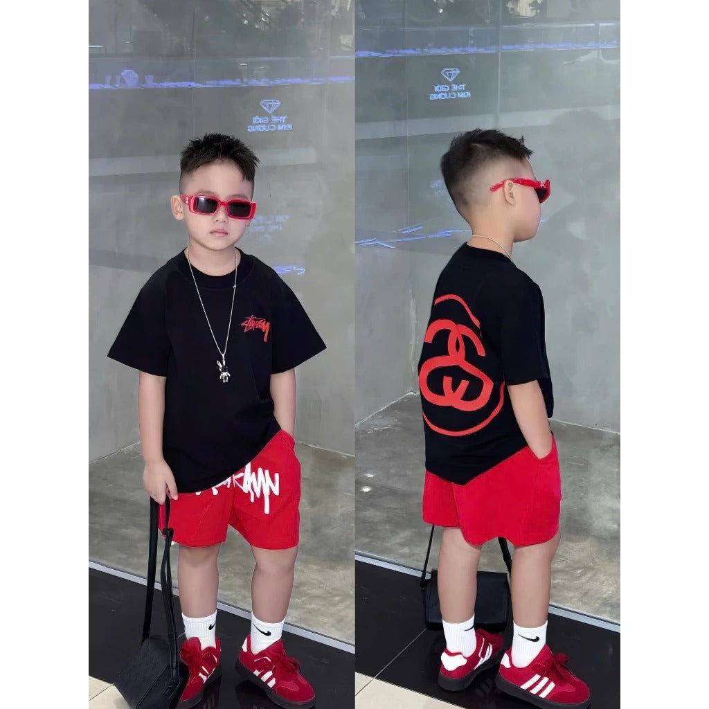 Bộ quần đen áo đỏ cộc tay cho bé trai