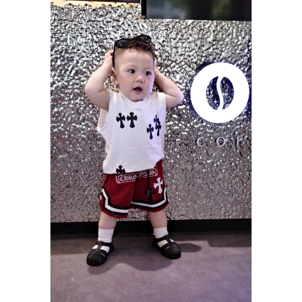 Bộ áo ba lỗ quần short viền xẻ cho bé trai hình chữ thập