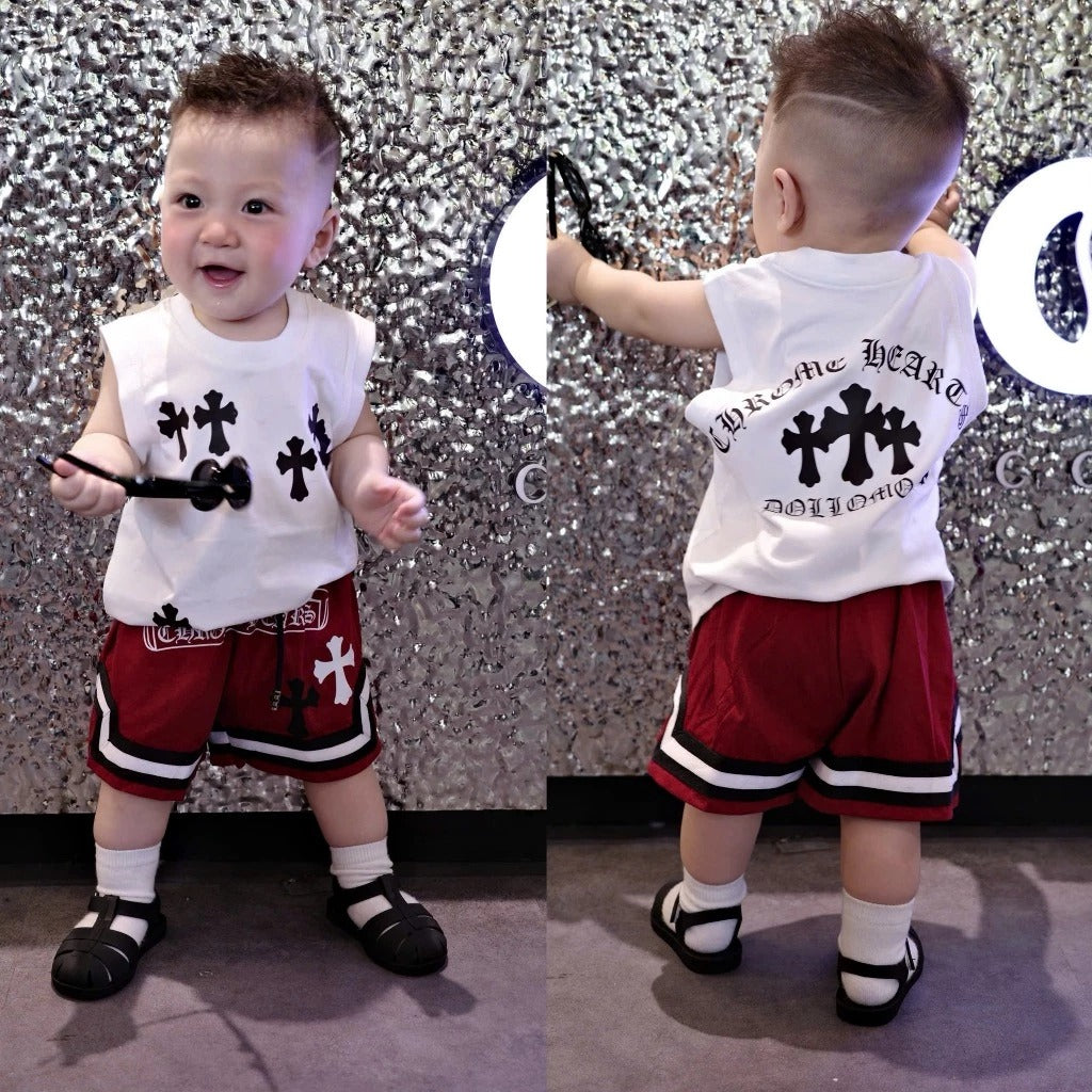 Bộ áo ba lỗ quần short viền xẻ cho bé trai hình chữ thập