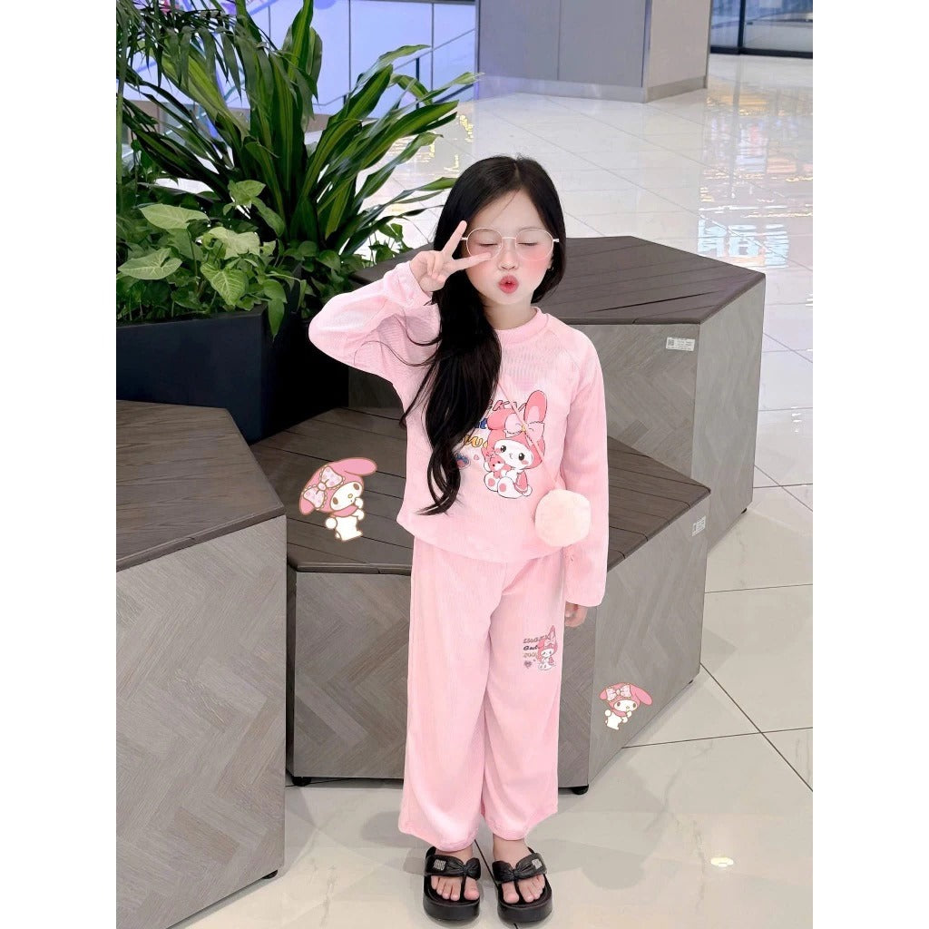 Bộ áo quần dài hồng Kuromi thun tăm cho bé gái