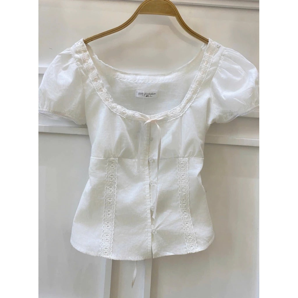 Áo cổ vuông tay bồng thắt nơ vintage local brand Việt Nam