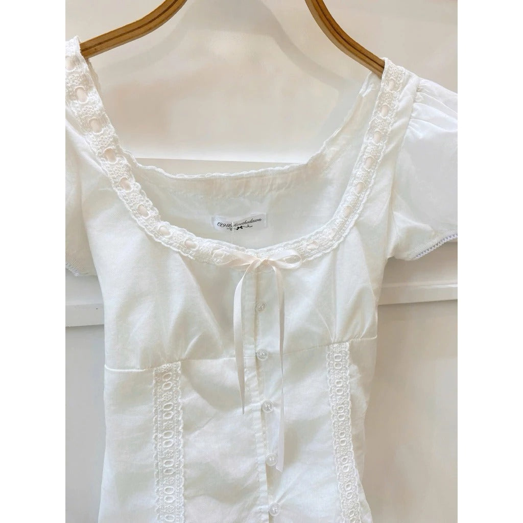 Áo cổ vuông tay bồng thắt nơ vintage local brand Việt Nam