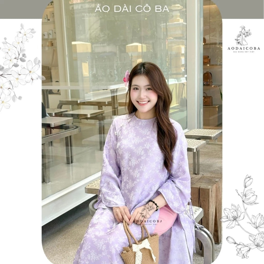 Áo Dài Đào Yên Suông Cổ Tròn Gấm 2 Da Họa Tiết Hoa Đào