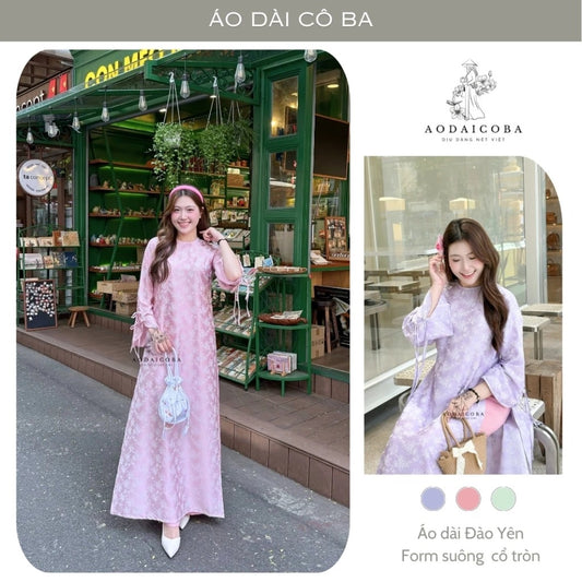 Áo Dài Đào Yên Suông Cổ Tròn Gấm 2 Da Họa Tiết Hoa Đào
