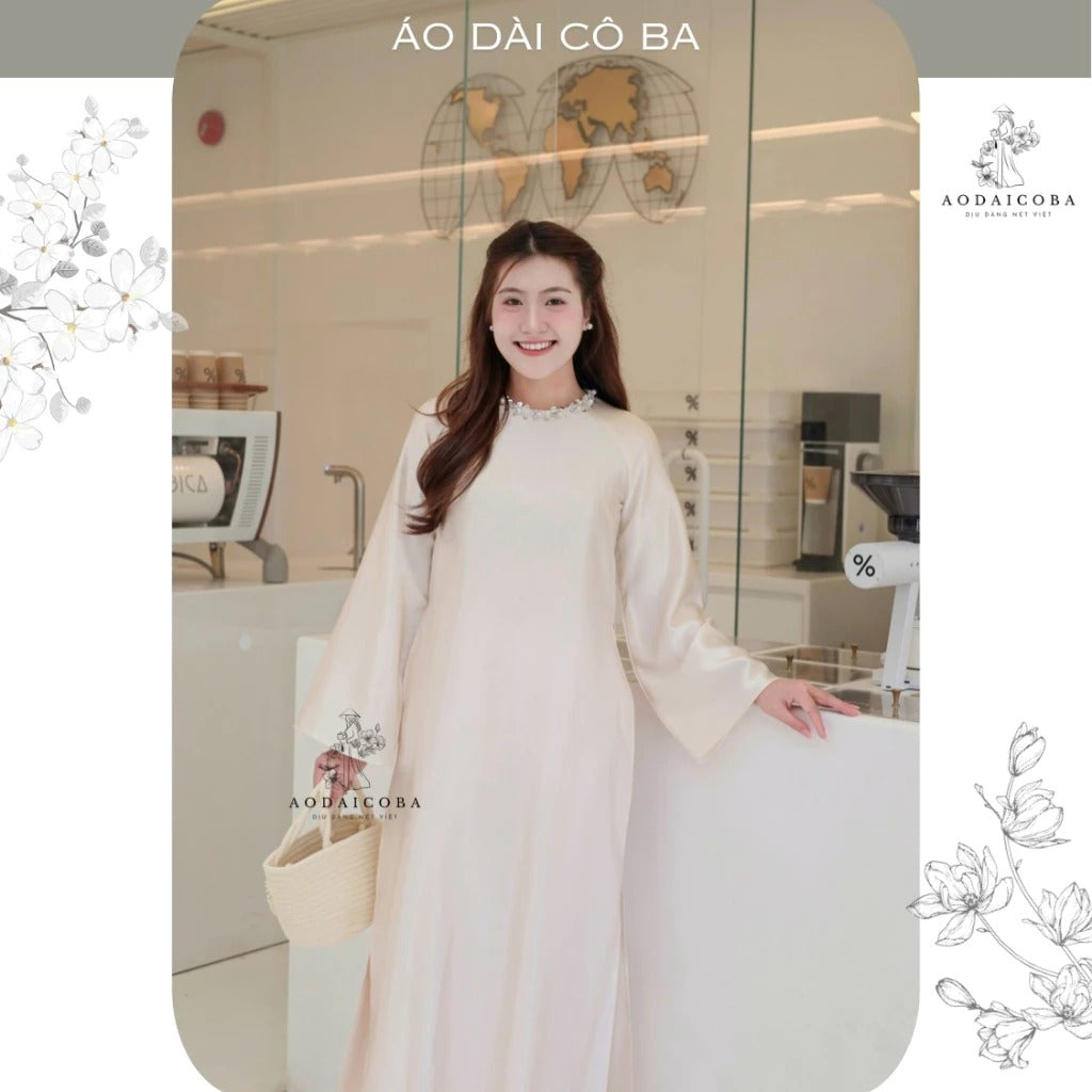 Áo Dài Cách Tân Suông Cổ Tròn Lụa Tráng Gương Mịn