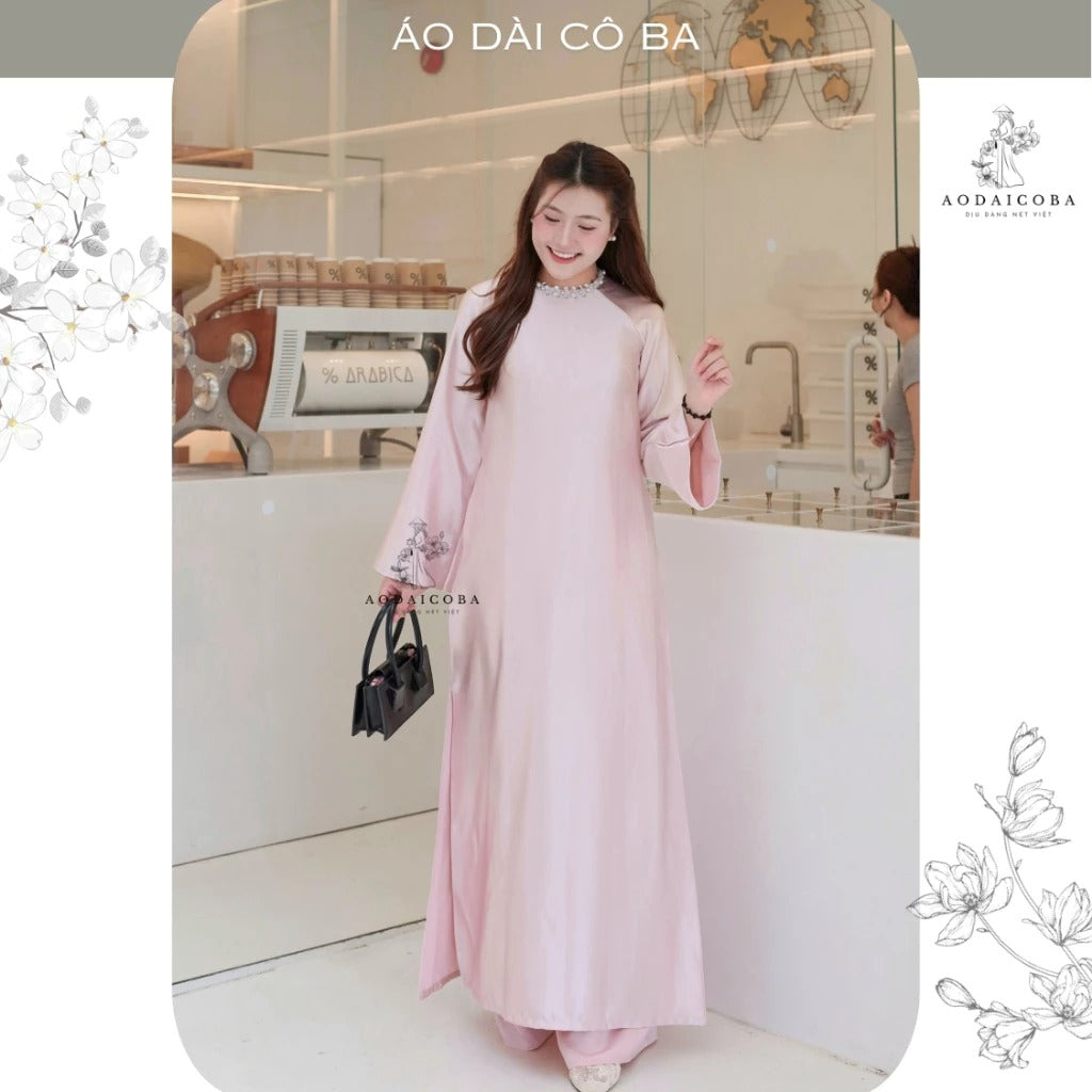 Áo Dài Cách Tân Suông Cổ Tròn Lụa Tráng Gương Mịn