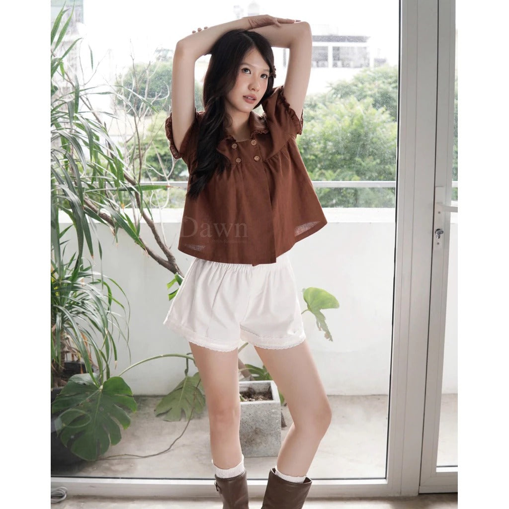 Áo babydoll croptop nâu tay bồng local brand Việt Nam