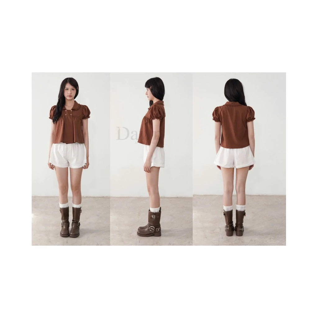 Áo babydoll croptop nâu tay bồng local brand Việt Nam