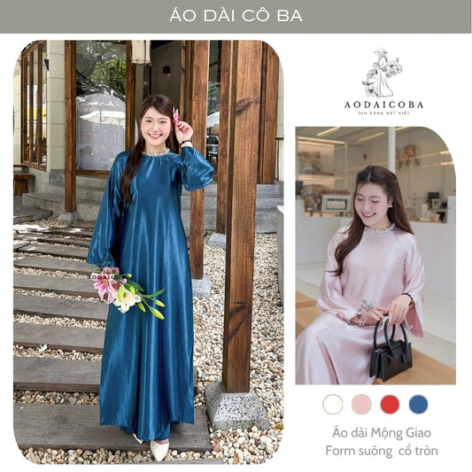 Áo Dài Cách Tân Suông Cổ Tròn Lụa Tráng Gương Mịn