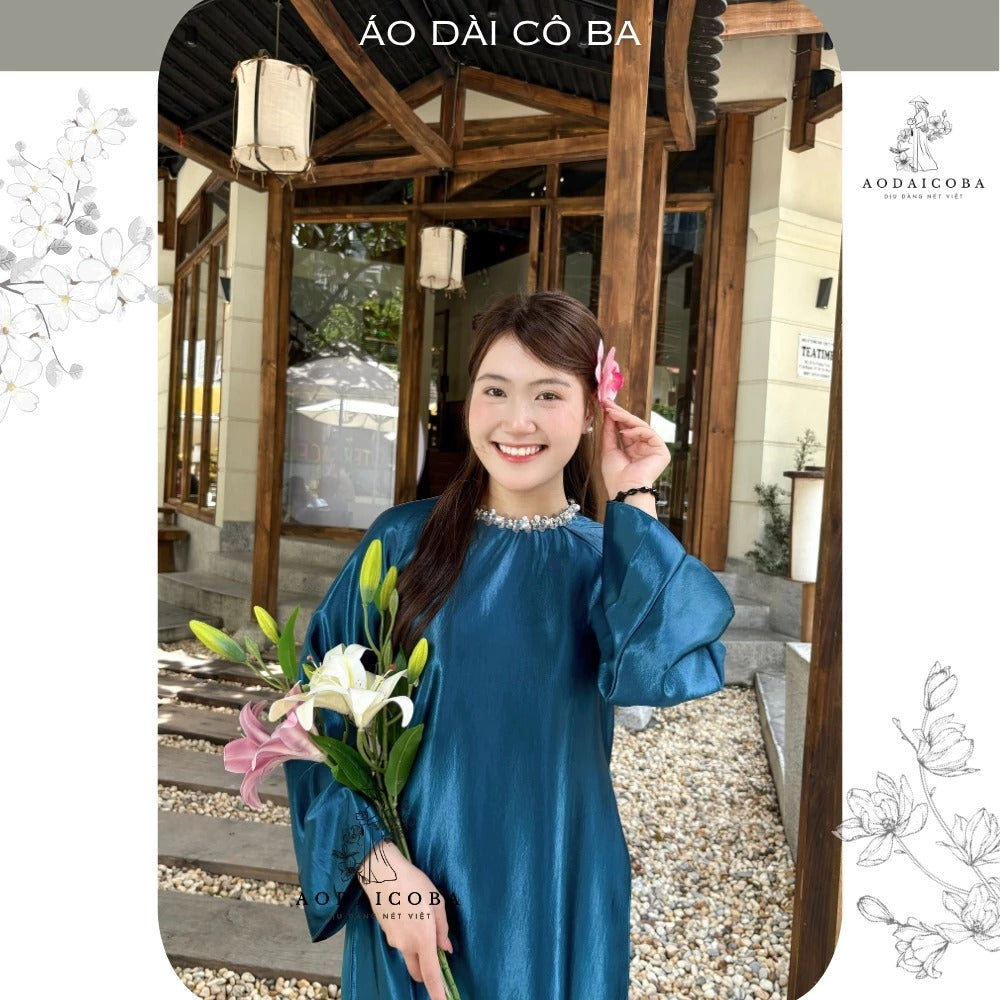 Áo Dài Cách Tân Suông Cổ Tròn Lụa Tráng Gương Mịn