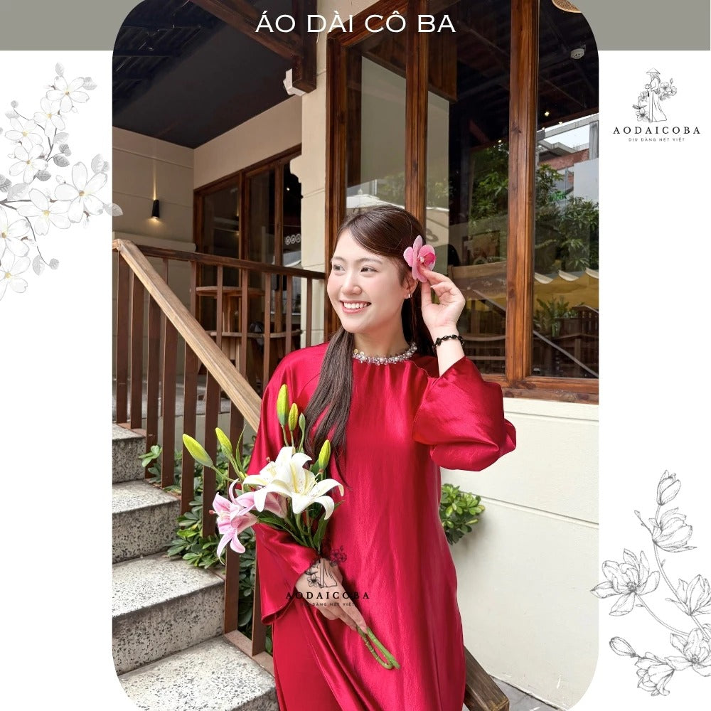 Áo Dài Cách Tân Suông Cổ Tròn Lụa Tráng Gương Mịn
