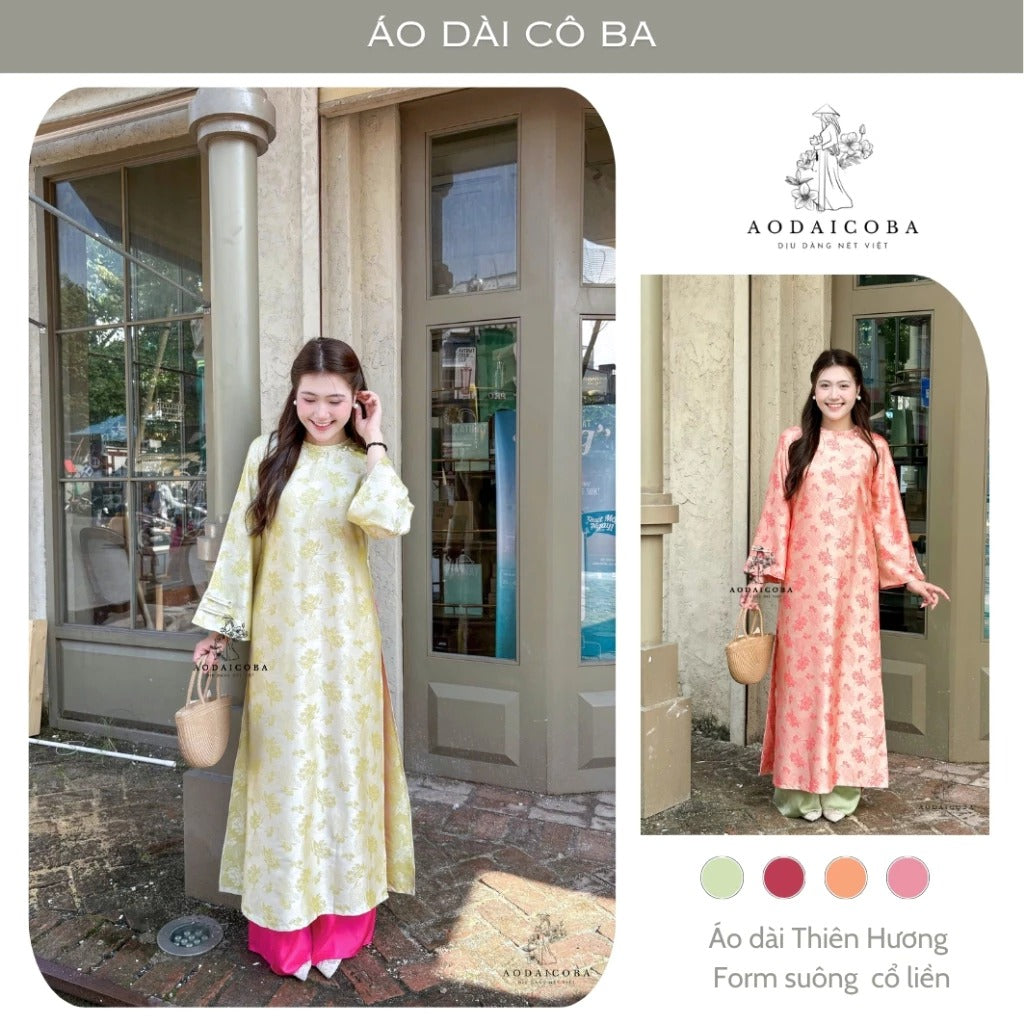 Áo Dài Thiên Hương Suông Cổ Tròn Gấm Tằm Cao Cấp