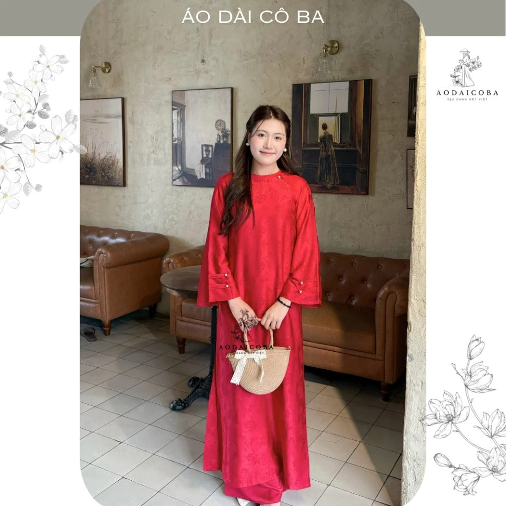 Áo Dài Thiên Hương Suông Cổ Tròn Gấm Tằm Cao Cấp