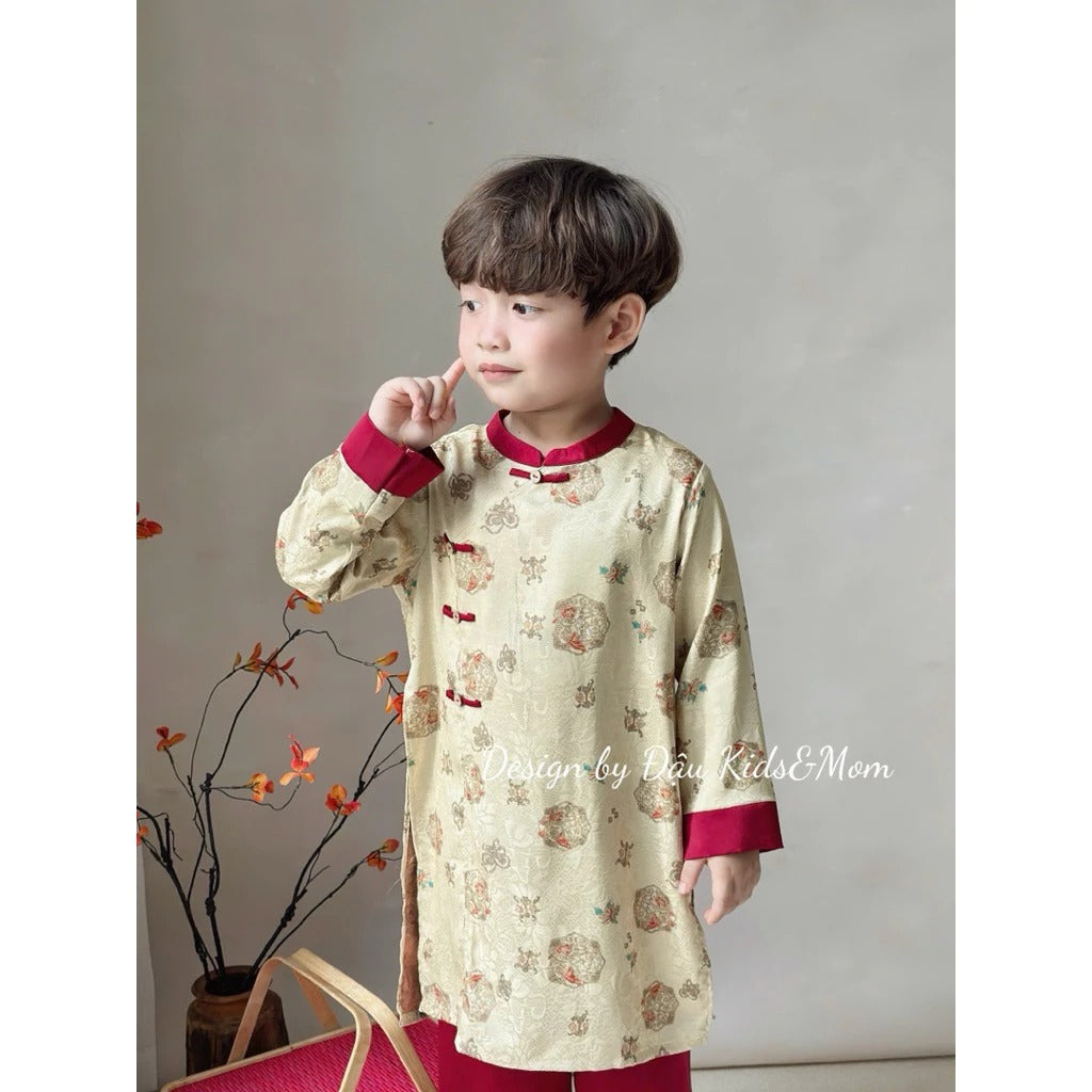 Áo dài bé trai hoạ tiết đồng xu đối xứng, chất liệu lụa gấm