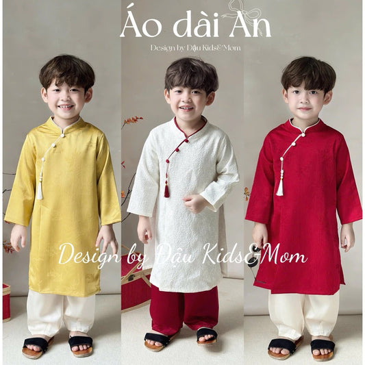 Áo dài Tết bé trai An chất liệu lụa gấm dày
