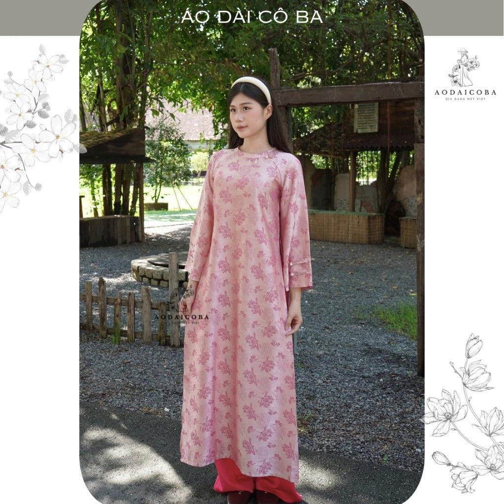 Áo Dài Thiên Hương Suông Cổ Tròn Gấm Tằm Cao Cấp