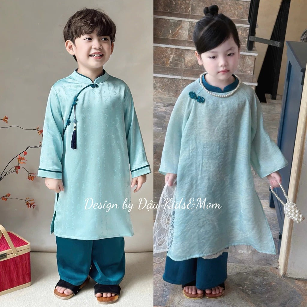 Set áo dài cặp cho bé trai, bé gái Thiên Thanh chất liệu lụa gấm