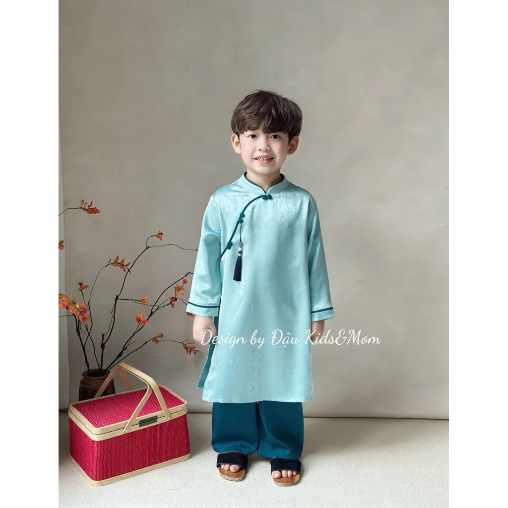 Set áo dài cặp cho bé trai, bé gái Thiên Thanh chất liệu lụa gấm