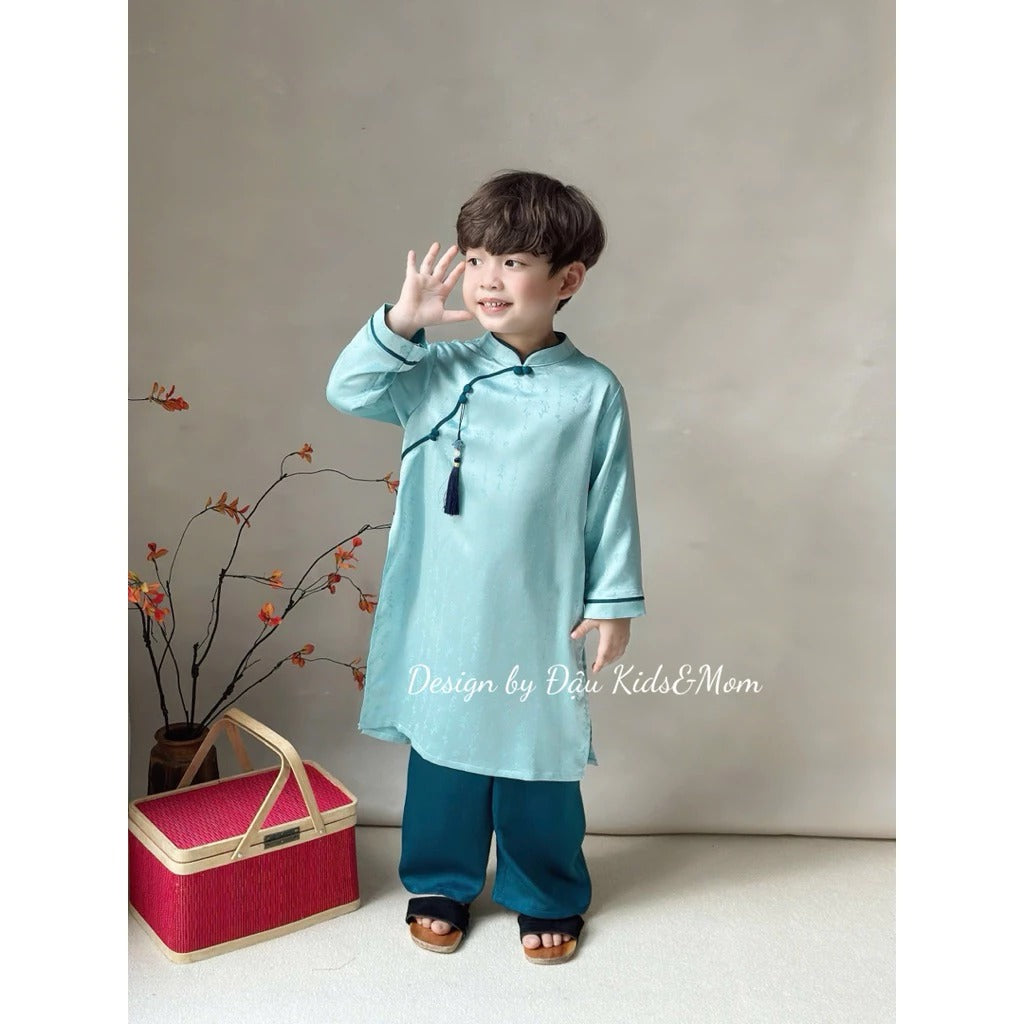 Set áo dài cặp cho bé trai, bé gái Thiên Thanh chất liệu lụa gấm