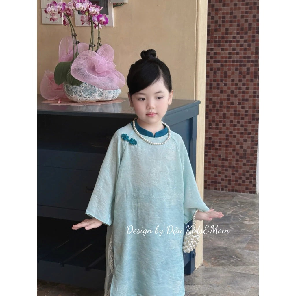 Set áo dài cặp cho bé trai, bé gái Thiên Thanh chất liệu lụa gấm