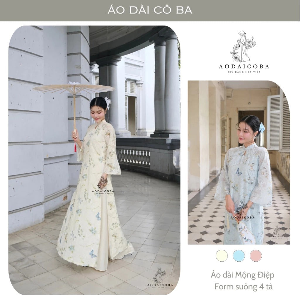 Áo dài Mộng Điệp suông 4 tà voan lông vũ tay lỡ