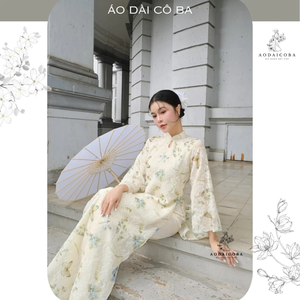 Áo dài Mộng Điệp suông 4 tà voan lông vũ tay lỡ