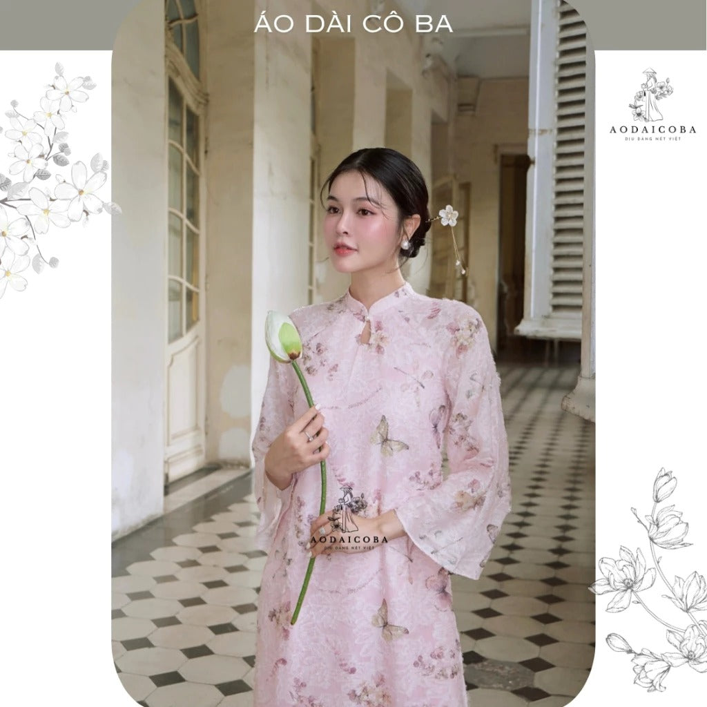Áo dài Mộng Điệp suông 4 tà voan lông vũ tay lỡ