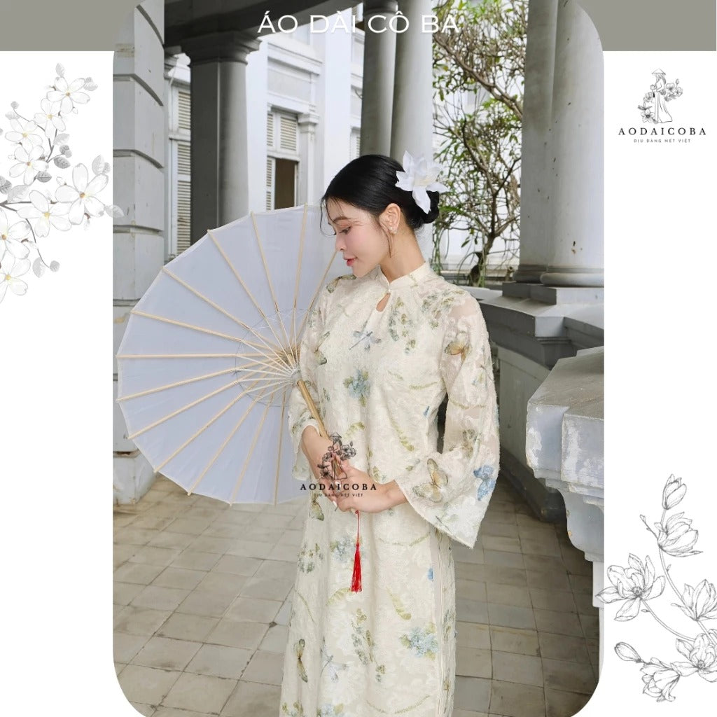 Áo dài Mộng Điệp suông 4 tà voan lông vũ tay lỡ