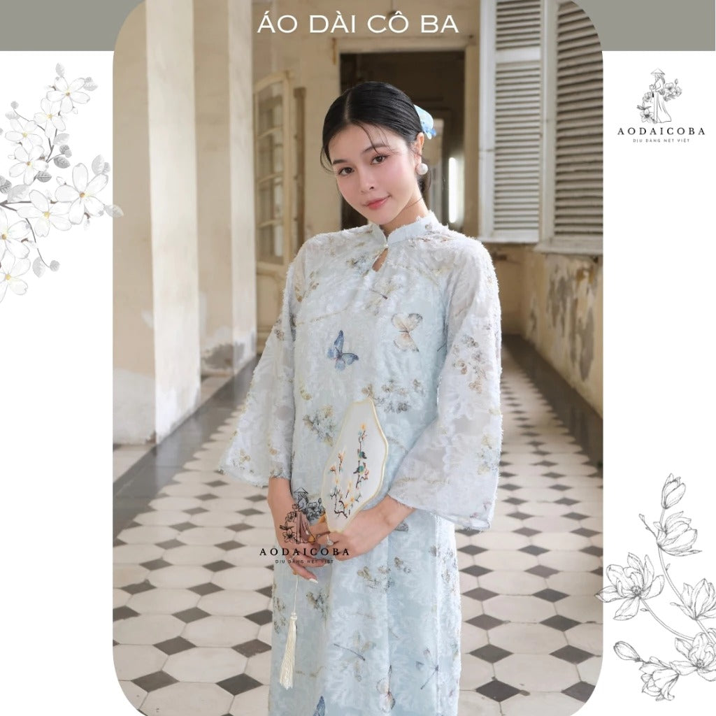 Áo dài Mộng Điệp suông 4 tà voan lông vũ tay lỡ