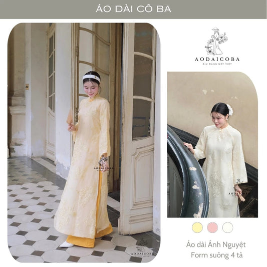 Áo Dài Ánh Nguyệt Dáng Suông 4 Tà Chất Tơ Thêu Hạc Tỉ Mỉ