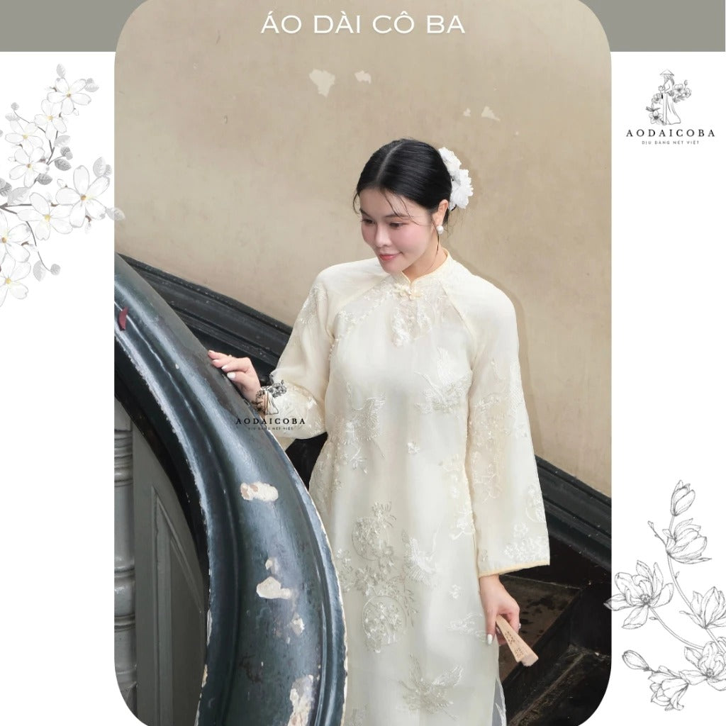 Áo Dài Ánh Nguyệt Dáng Suông 4 Tà Chất Tơ Thêu Hạc Tỉ Mỉ